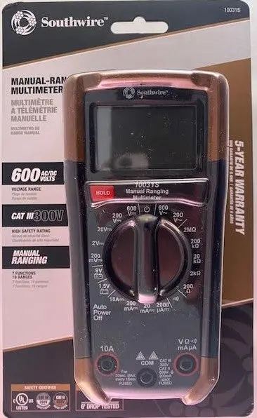 Southwire 10031S 7-Function Digital Multimeter – 600V CAT III Rated, Battery Included