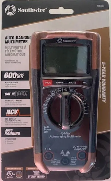 Southwire 10041N Auto-Ranging Digital Multimeter – 600V AC/DC True RMS