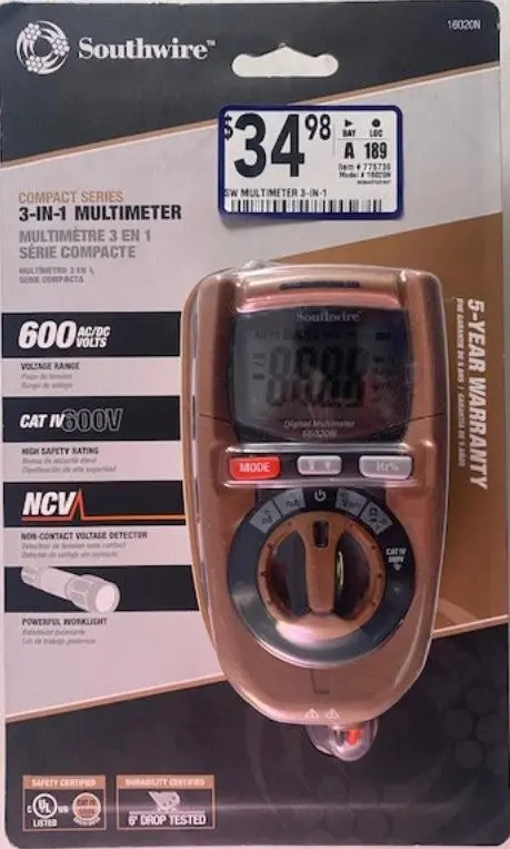 Southwire 16020N 3-in-1 Multimeter — CAT IV, 600V, NCV Detection + Worklight
