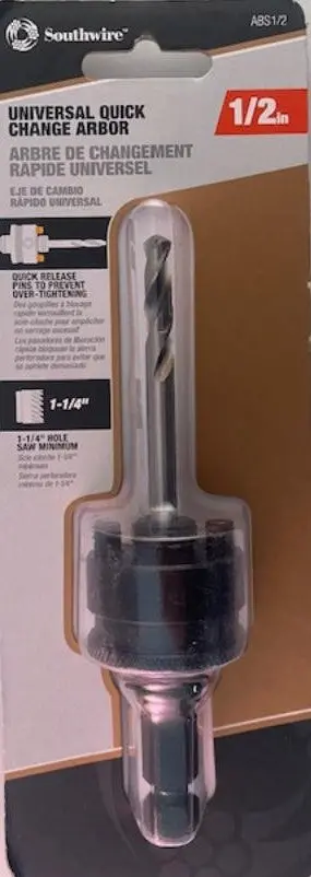 Southwire ABS1/2 Universal Quick-Change Hole Saw Arbor – Fits 1/2″ Blades, Includes Pilot Bit