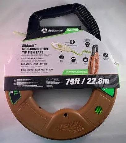 Southwire SIMPULL Non-Conductive-Tip Fish Tape – 4.5mm × 75 Feet (FTSP45-75NCT)