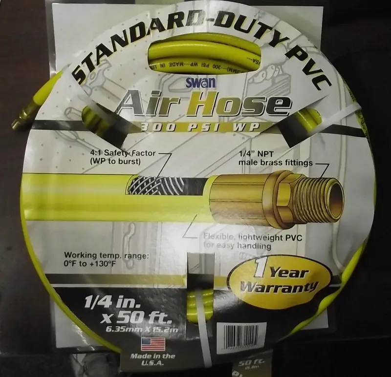 Swan Standard-Duty Air Hose – 1/4″ x 50′, 300 PSI Rated, USA-Made