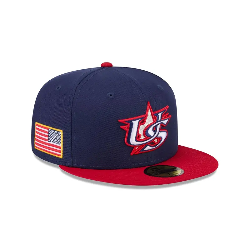 USA WBC 2026 Fitted Cap – Blue and Red Two-Tone Design with Patriotic Flag Detail