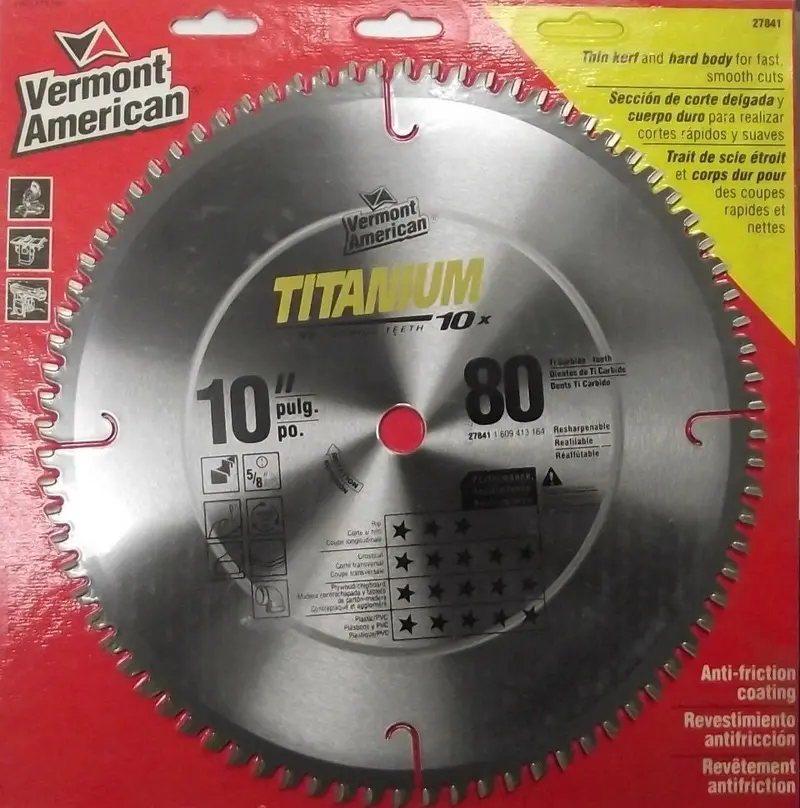 Vermont American 10-Inch Titanium-Coated Circular Saw Blade – 80-Tooth ATB, 5/8-Inch Arbor