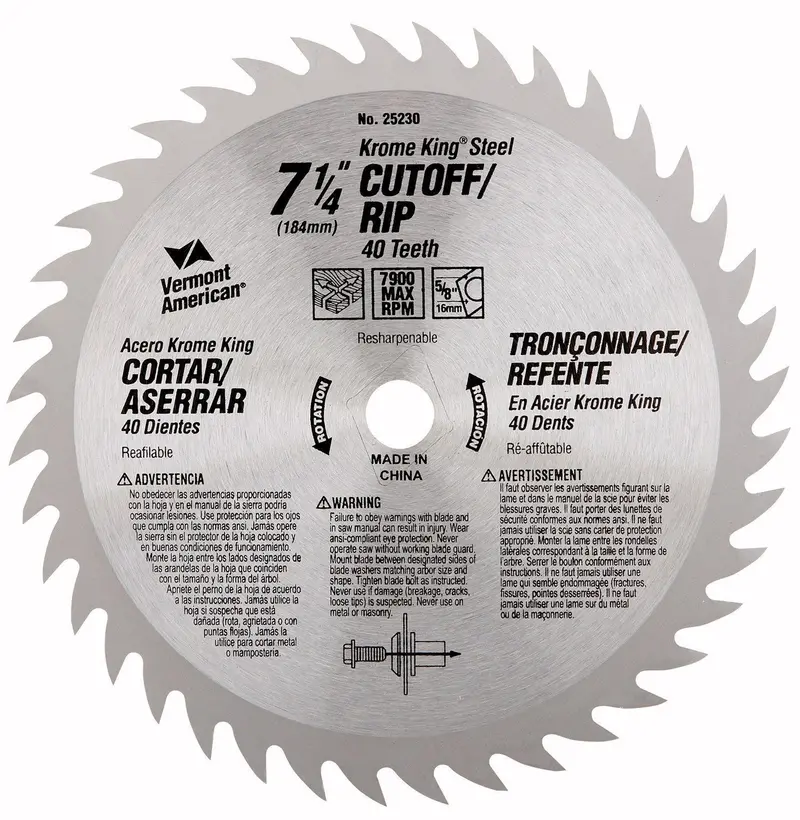 Vermont American 25230 Krome King Circular Saw Blade – 7-1/4″, 40-Tooth, for Cutoff & Rip Cuts