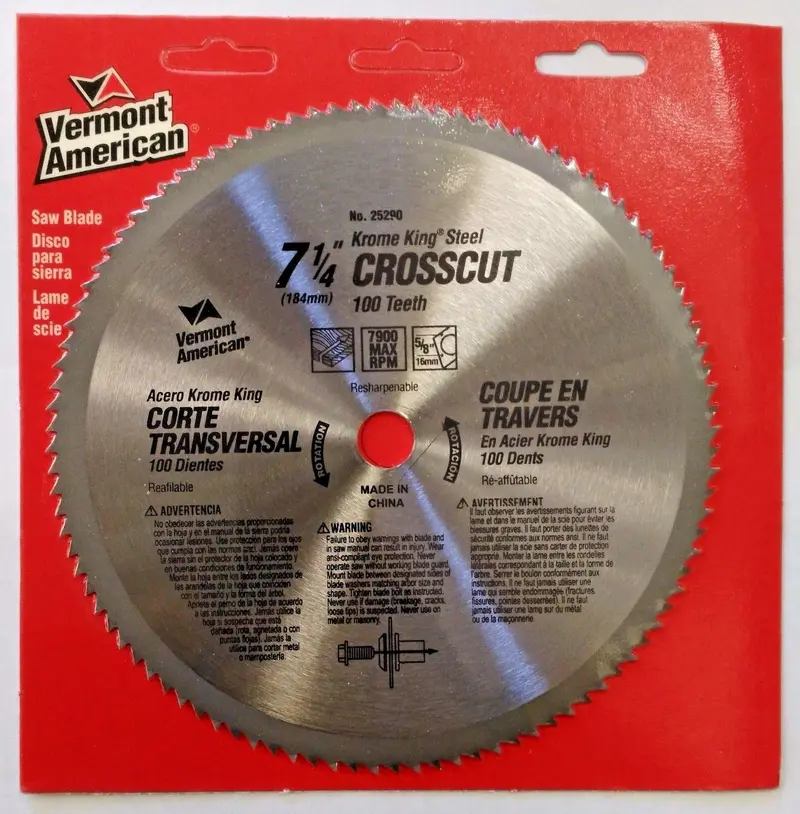 Vermont American 25290 Crosscut Saw Blade — 7-1/4-Inch Krome King Steel with 100 Teeth